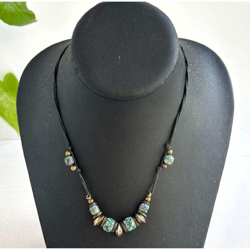 Handmade Black Cord Necklace With Turquoise-Like Glass & Metal Beads
